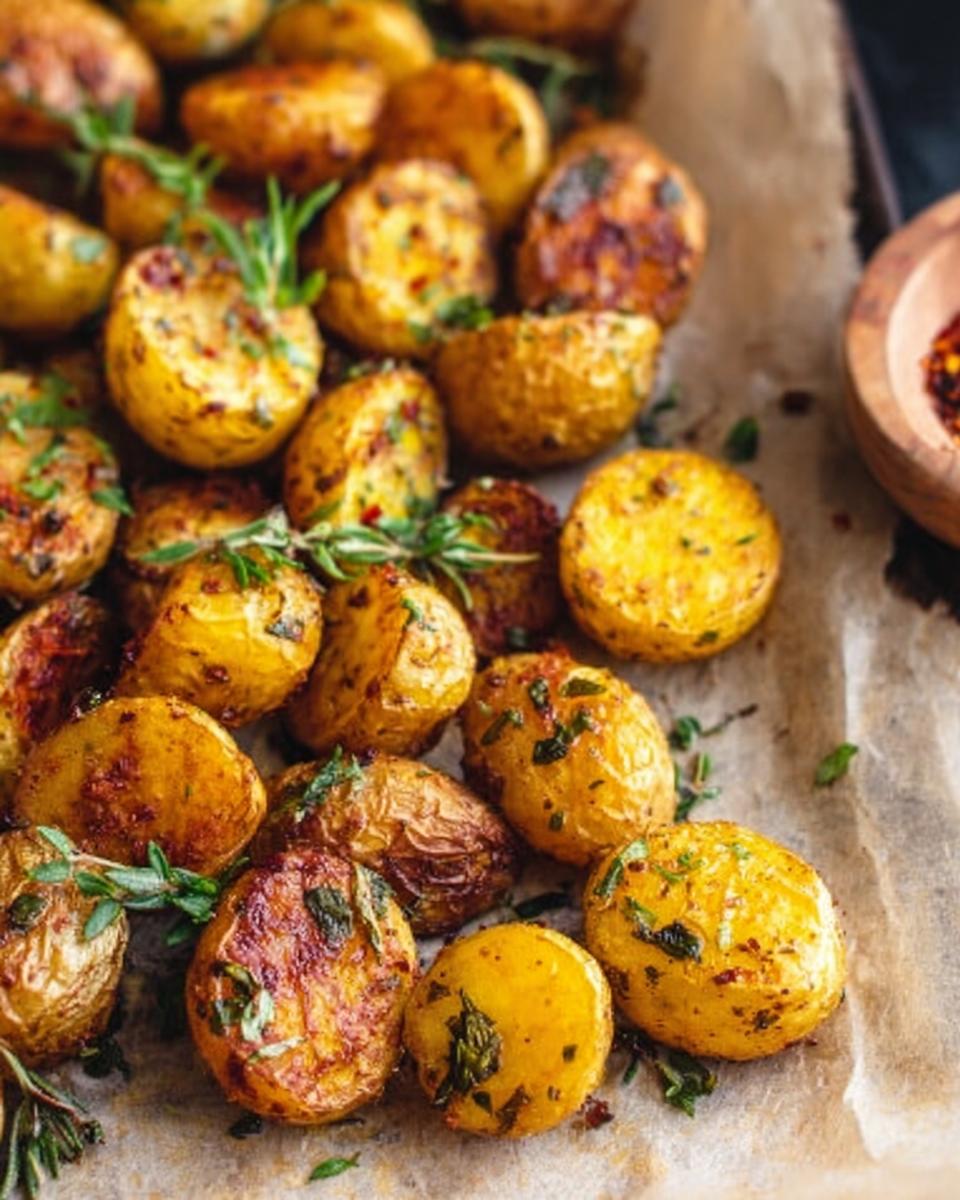Close-up of golden, roasted baby potatoes seasoned with herbs, showcasing the texture of the Herb Roasted Baby Potatoes.