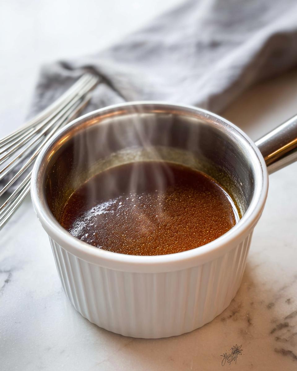 Close-up of rich, steaming homemade Au Jus Recipe being heated in a small white ramekin with a metal handle.