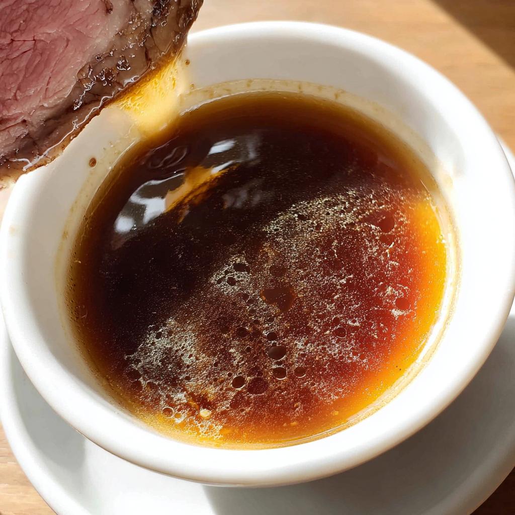 Close-up of roast beef being dipped into a white bowl of rich, brown Homemade Au Jus without drippings.