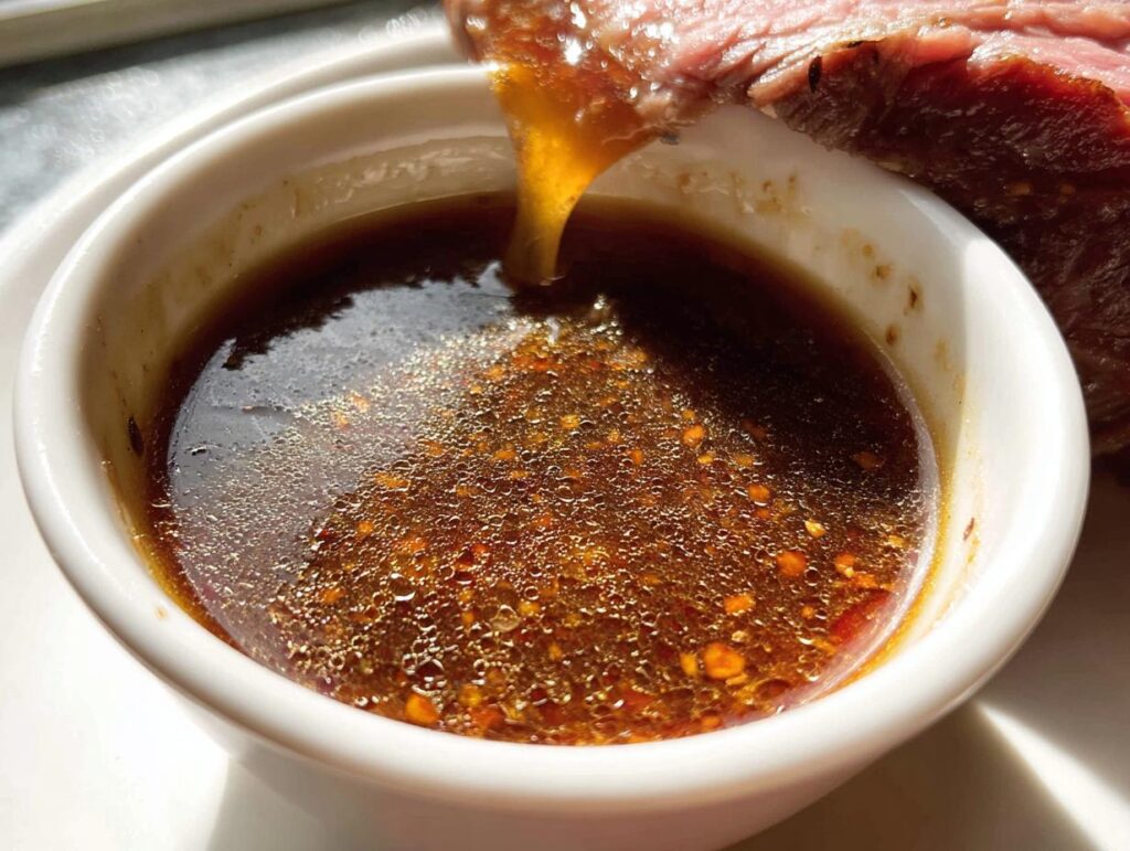 Close-up of a slice of roast beef being dipped into a small white bowl of rich, savory Homemade Au Jus without drippings.