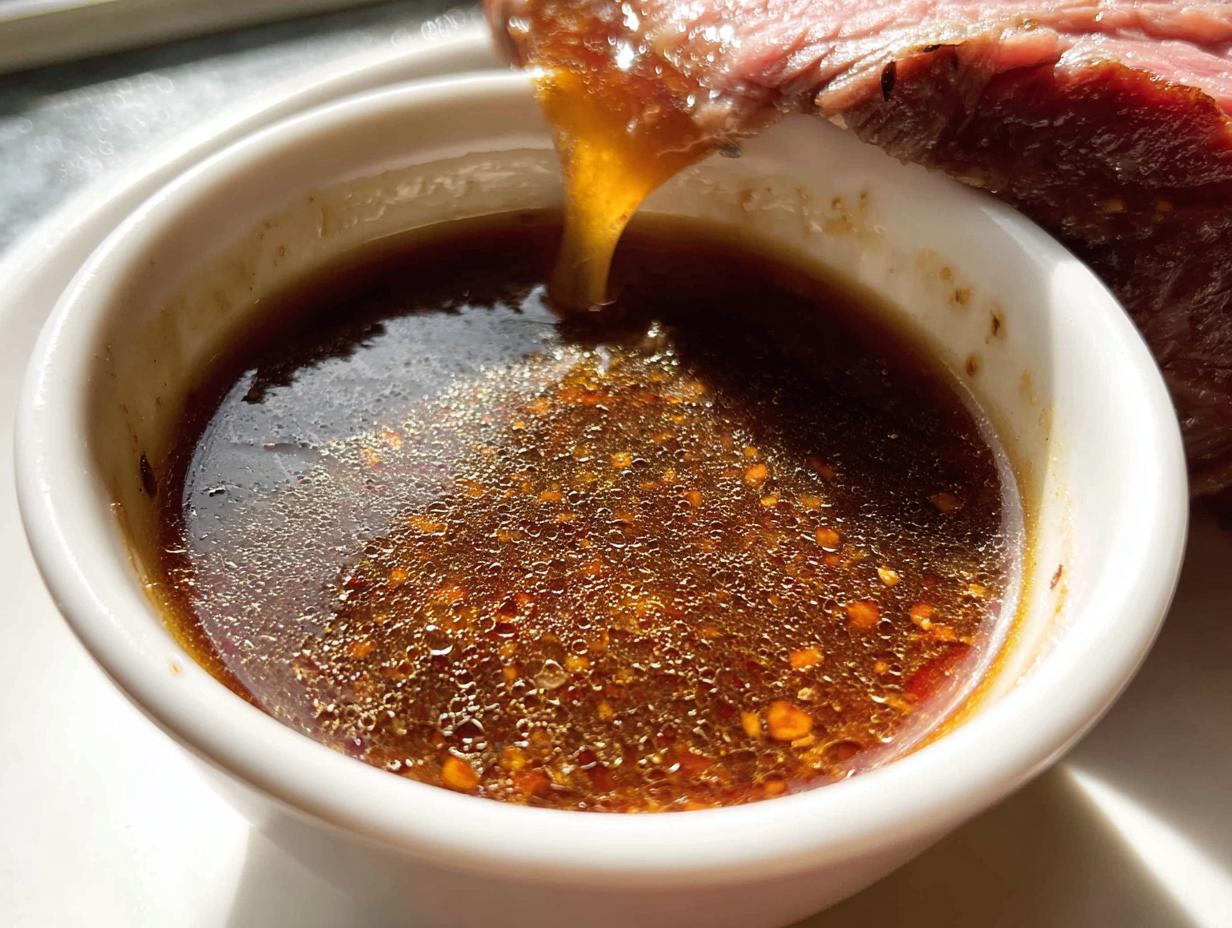 Close-up of a slice of roast beef being dipped into a small white bowl of rich, savory Homemade Au Jus without drippings.