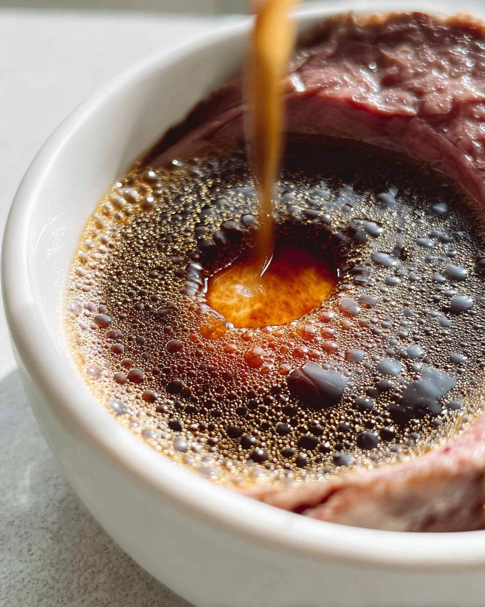 Close-up of rich, dark Homemade Au Jus without drippings being poured over a slice of cooked meat in a white bowl.