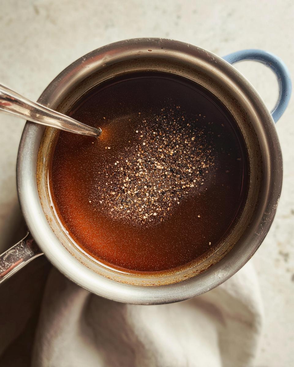 Overhead view of dark brown liquid in a saucepan, being stirred with a spoon, with seasoning sprinkled on top for Homemade Dry Au Jus Seasoning Mix.
