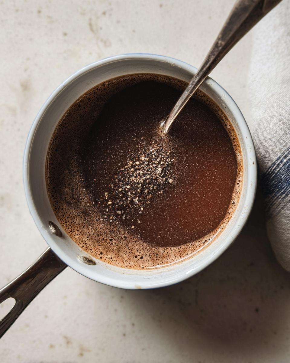 Overhead view of dark brown liquid au jus being whisked in a small saucepan, sprinkled with seasoning.
