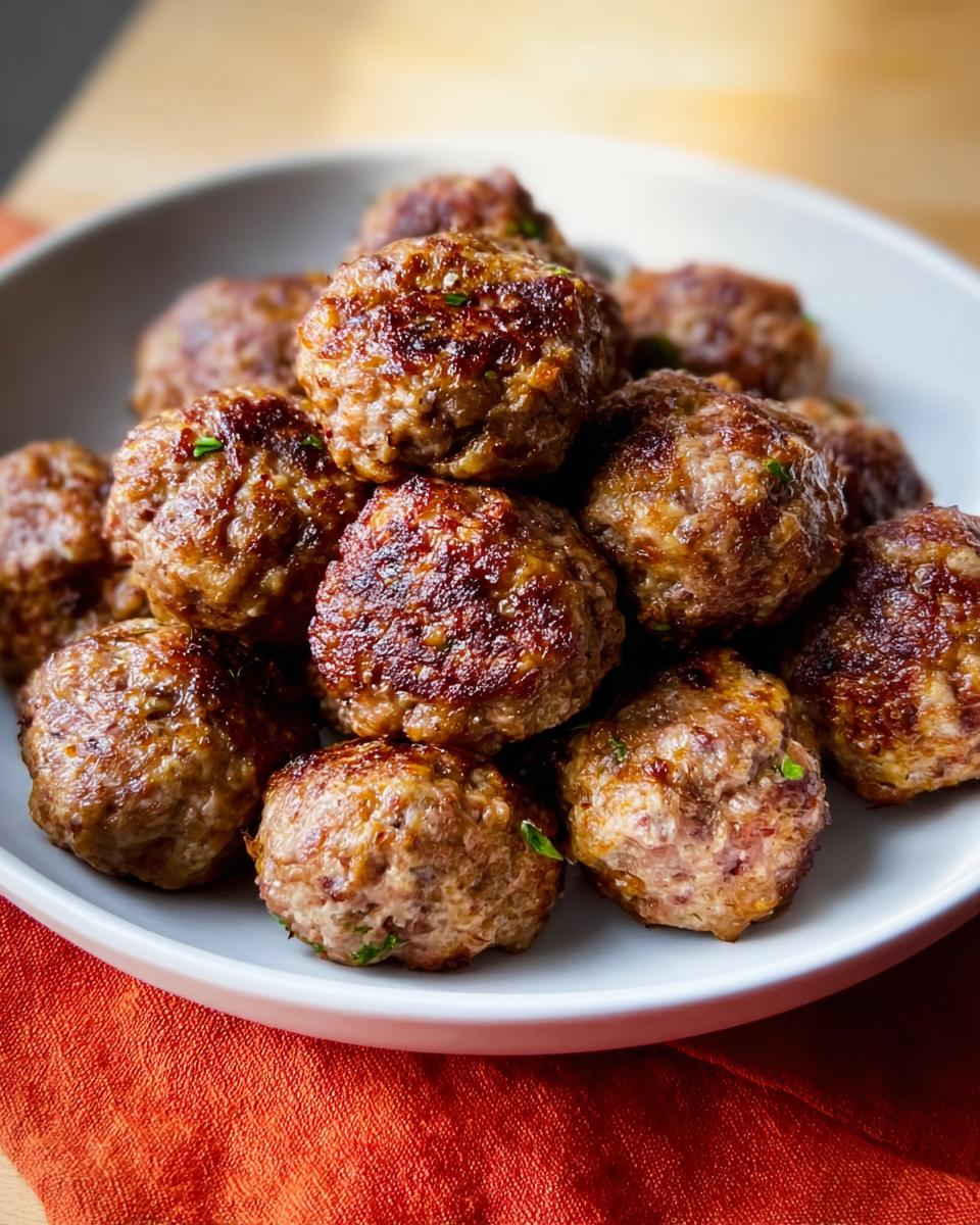 A close-up of a white bowl piled high with golden-brown Homemade Meatballs (Oven-Baked), garnished with herbs.