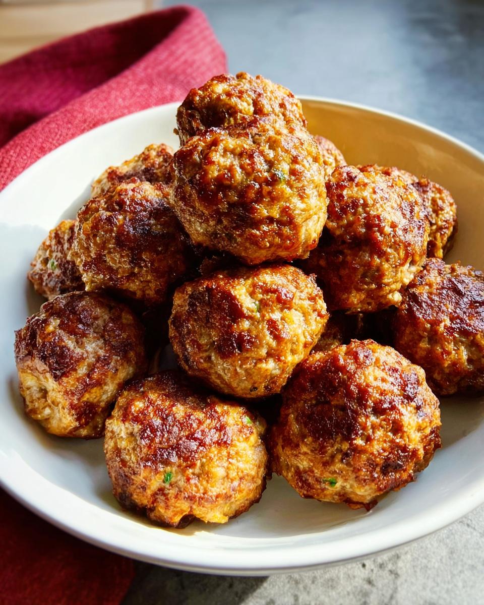 A close-up of a white bowl piled high with perfectly browned Homemade Meatballs (Oven-Baked).