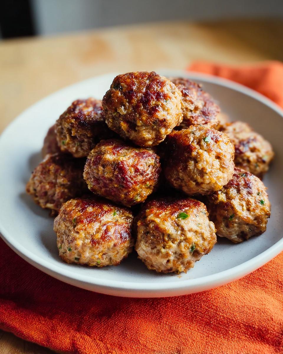 A close-up of several golden-brown, oven-baked Homemade Meatballs piled high on a light gray plate.