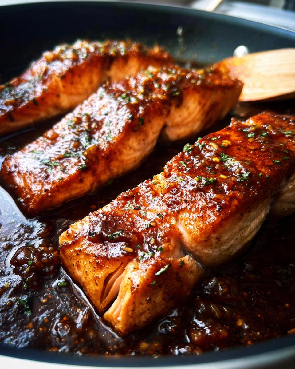 Close-up of three glistening fillets of Honey Garlic Salmon cooking in a dark, rich glaze in a skillet.