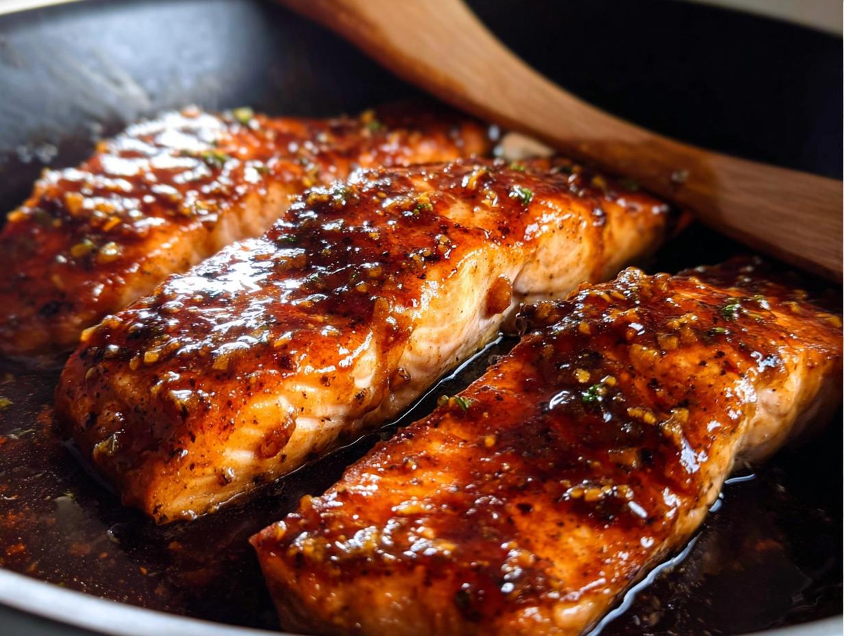 Three fillets of Honey Garlic Salmon (Skillet) cooking in a dark pan, coated with a thick, glossy, caramelized glaze.