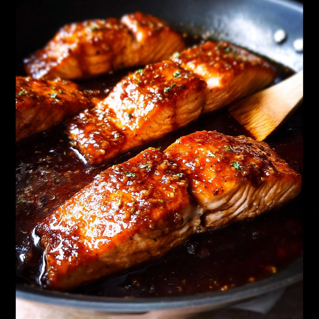 Four glistening fillets of Honey Garlic Salmon cooking in a dark, rich sauce in a skillet.