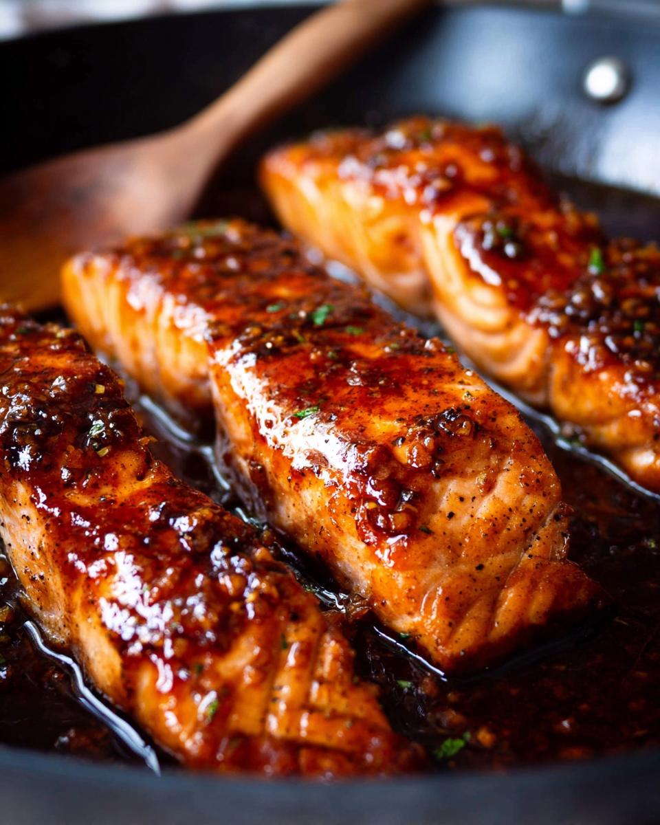 Three glistening fillets of Honey Garlic Salmon cooking in a dark skillet with a rich glaze.