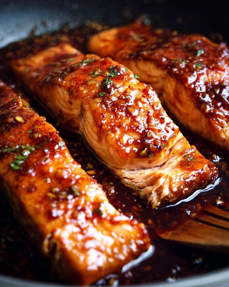 Three fillets of Honey Garlic Salmon cooking in a skillet, coated in a thick, glossy, dark glaze with visible garlic pieces.