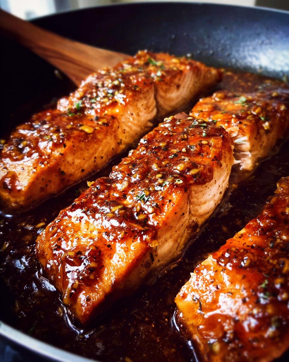 Four glistening fillets of Honey Garlic Salmon cooking in a dark, savory glaze inside a skillet.