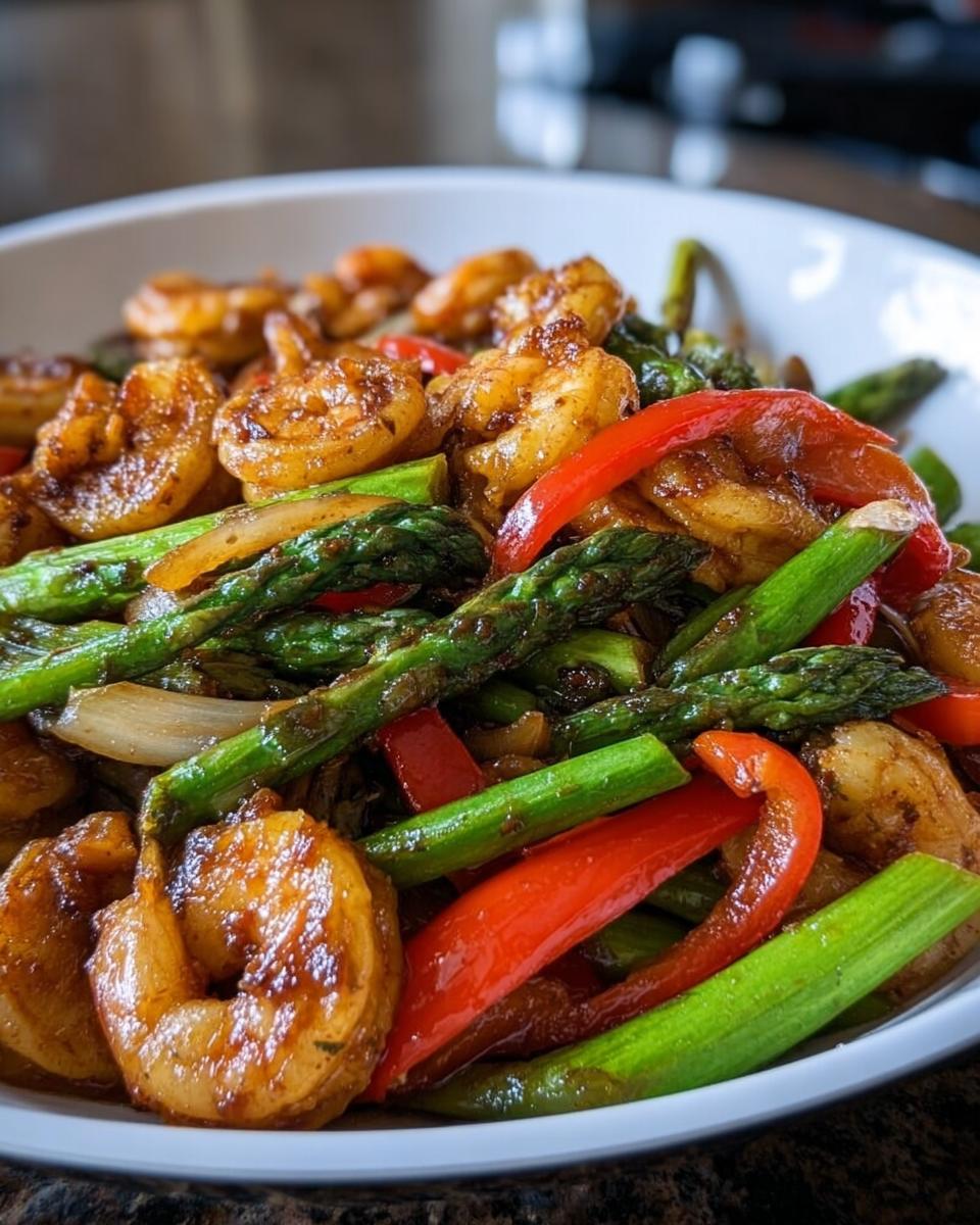 Close-up of glossy Honey Garlic Shrimp Stir Fry featuring plump shrimp, bright green asparagus, and red bell peppers.