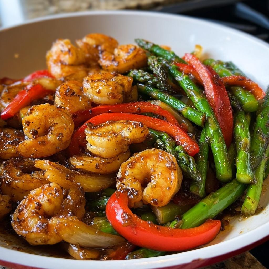 Close-up of Honey Garlic Shrimp Stir Fry featuring glazed shrimp, bright green asparagus, and sliced red bell peppers.