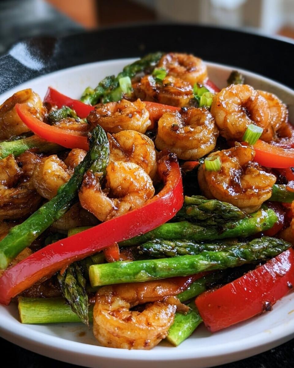 Close-up of glossy Honey Garlic Shrimp Stir Fry mixed with bright green asparagus and red bell pepper strips.