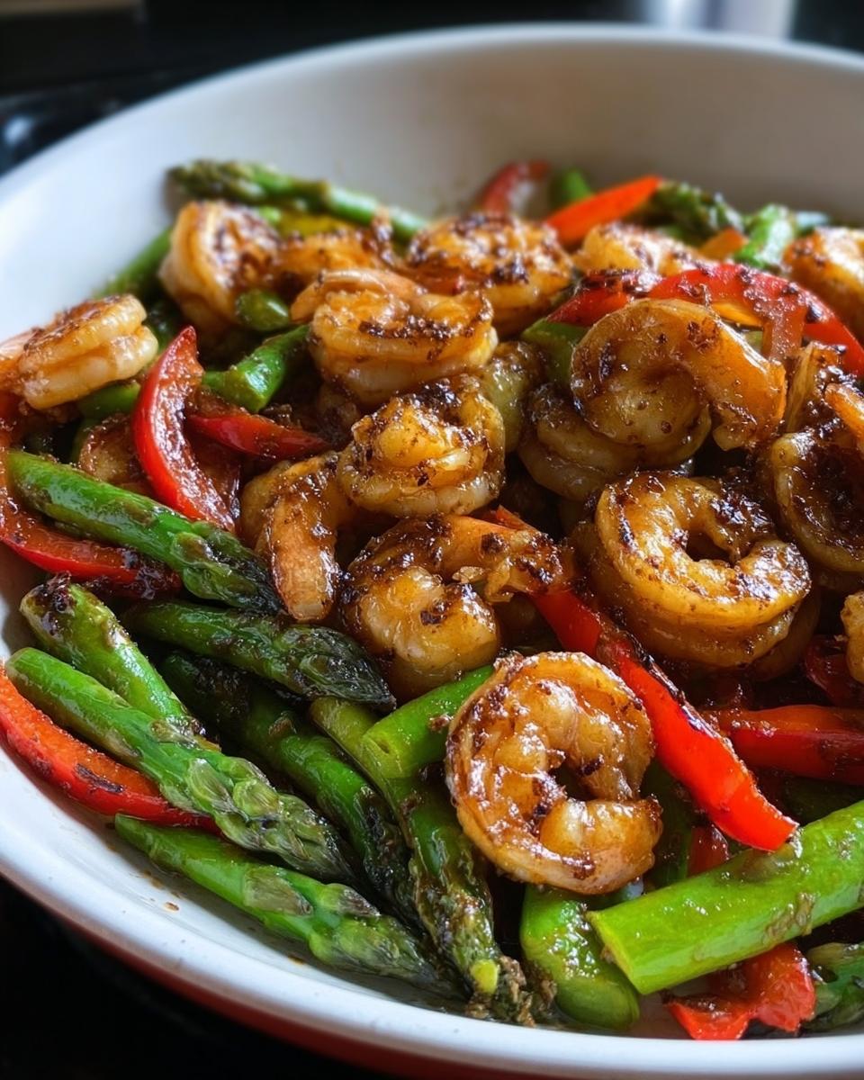 Close-up of glossy, glazed shrimp mixed with bright green asparagus and red bell peppers in a Honey Garlic Shrimp Stir Fry.