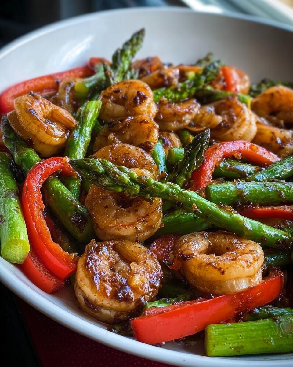 Close-up of perfectly cooked shrimp coated in glaze mixed with bright green asparagus and red bell peppers in a Honey Garlic Shrimp Stir Fry.