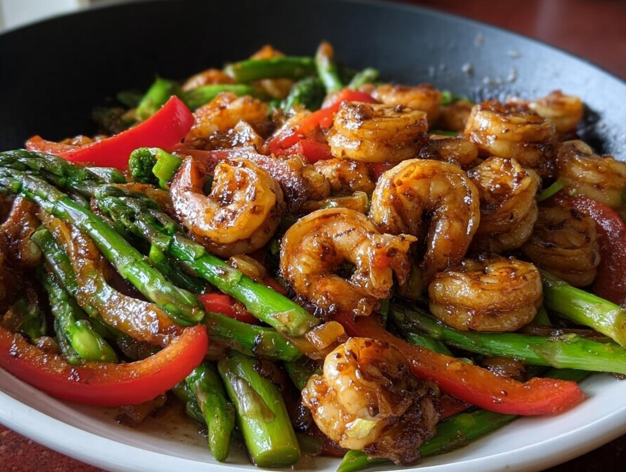 Close-up of Honey Garlic Shrimp Stir Fry featuring glossy shrimp, bright green asparagus, and red bell pepper slices.