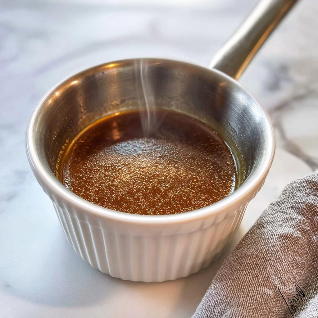 Close-up of hot, simmering homemade au jus recipe in a small white ramekin with a metal handle.