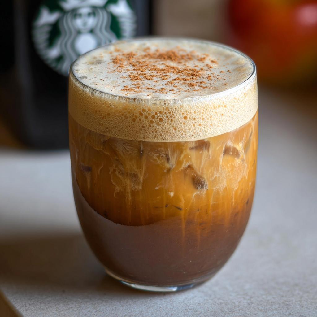 A refreshing iced coffee drink with creamy swirls, topped with foam and cinnamon, inspired by Starbucks drinks.