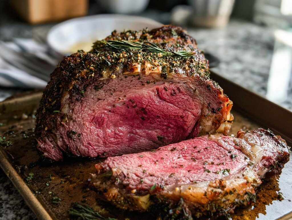 A cross-section of a medium-rare prime rib roast in the oven, showing a deep pink center and herb crust.