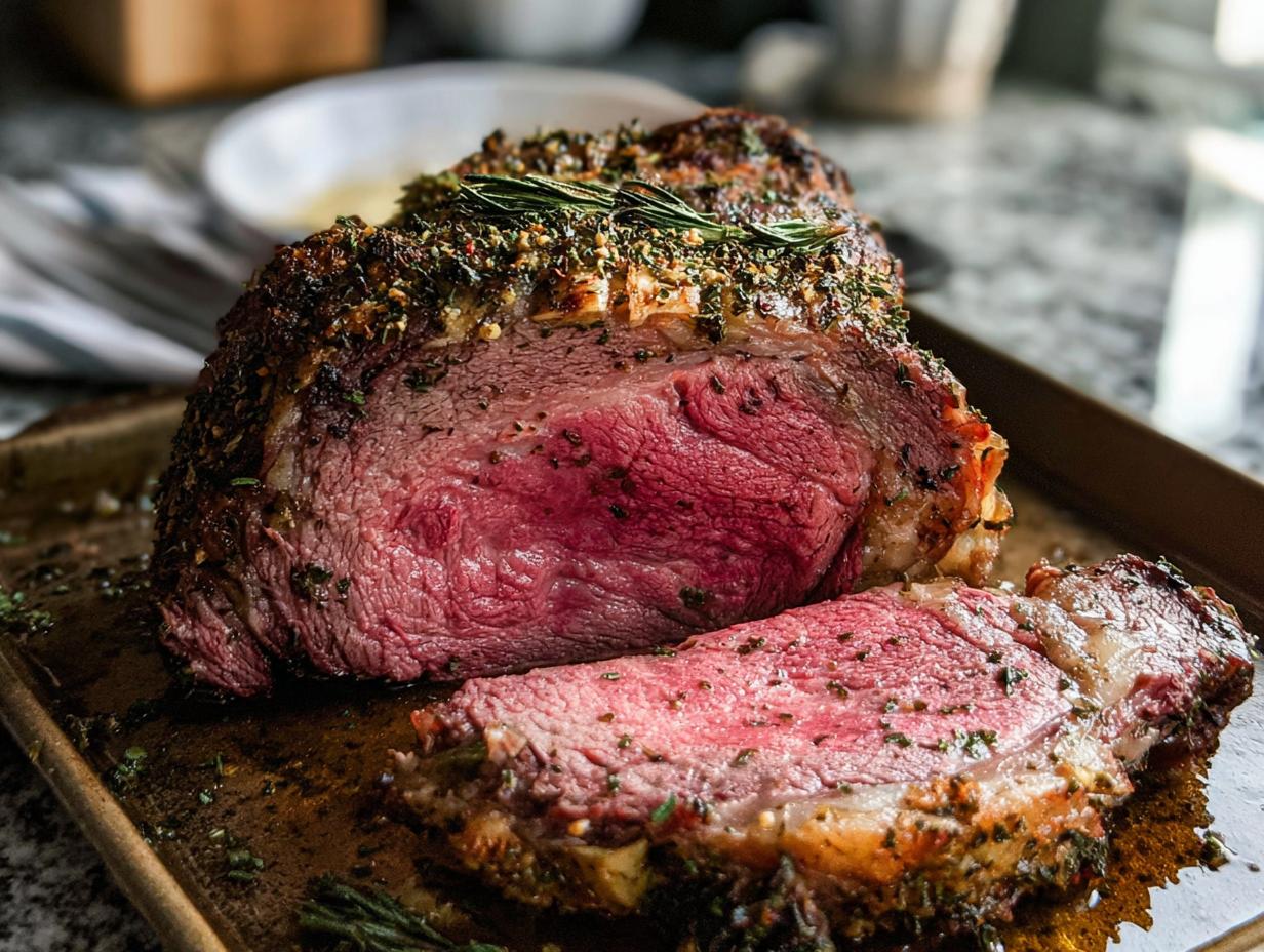 A cross-section of a medium-rare prime rib roast in the oven, showing a deep pink center and herb crust.