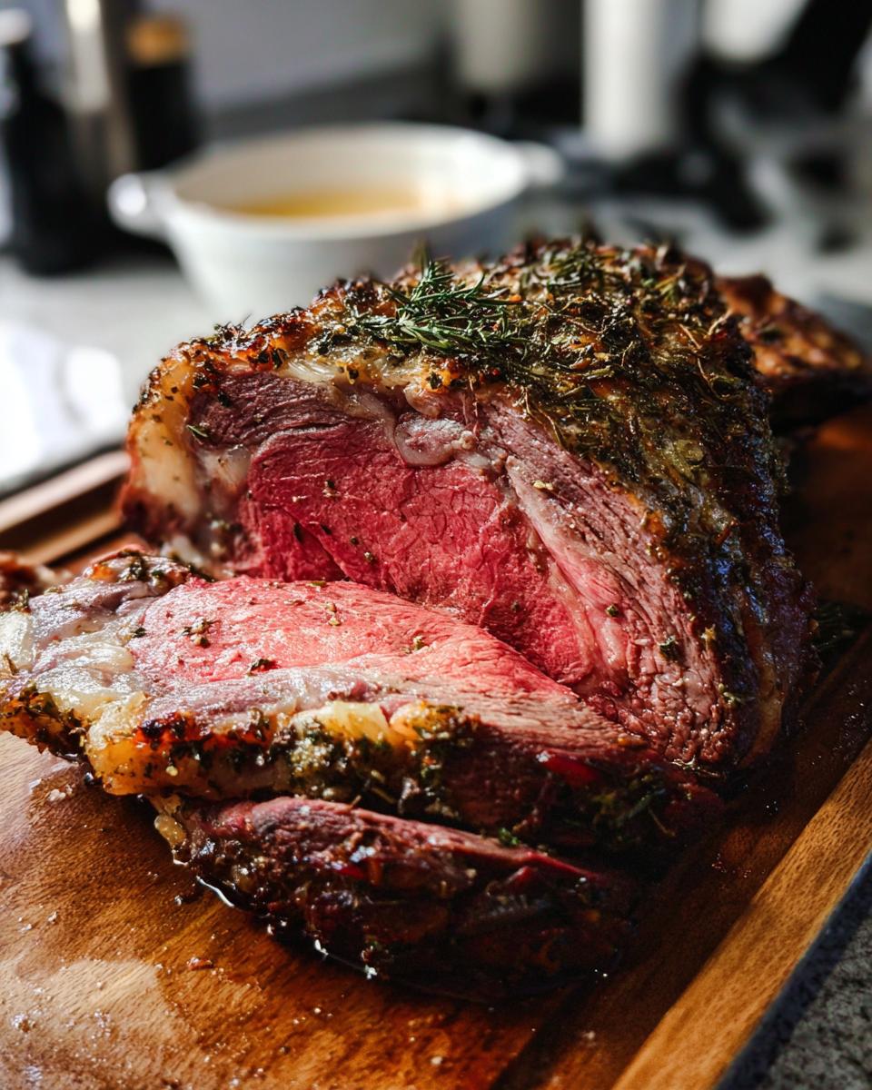 A thick slice cut from a perfectly cooked prime rib roast, showing a medium-rare center and herb crust.