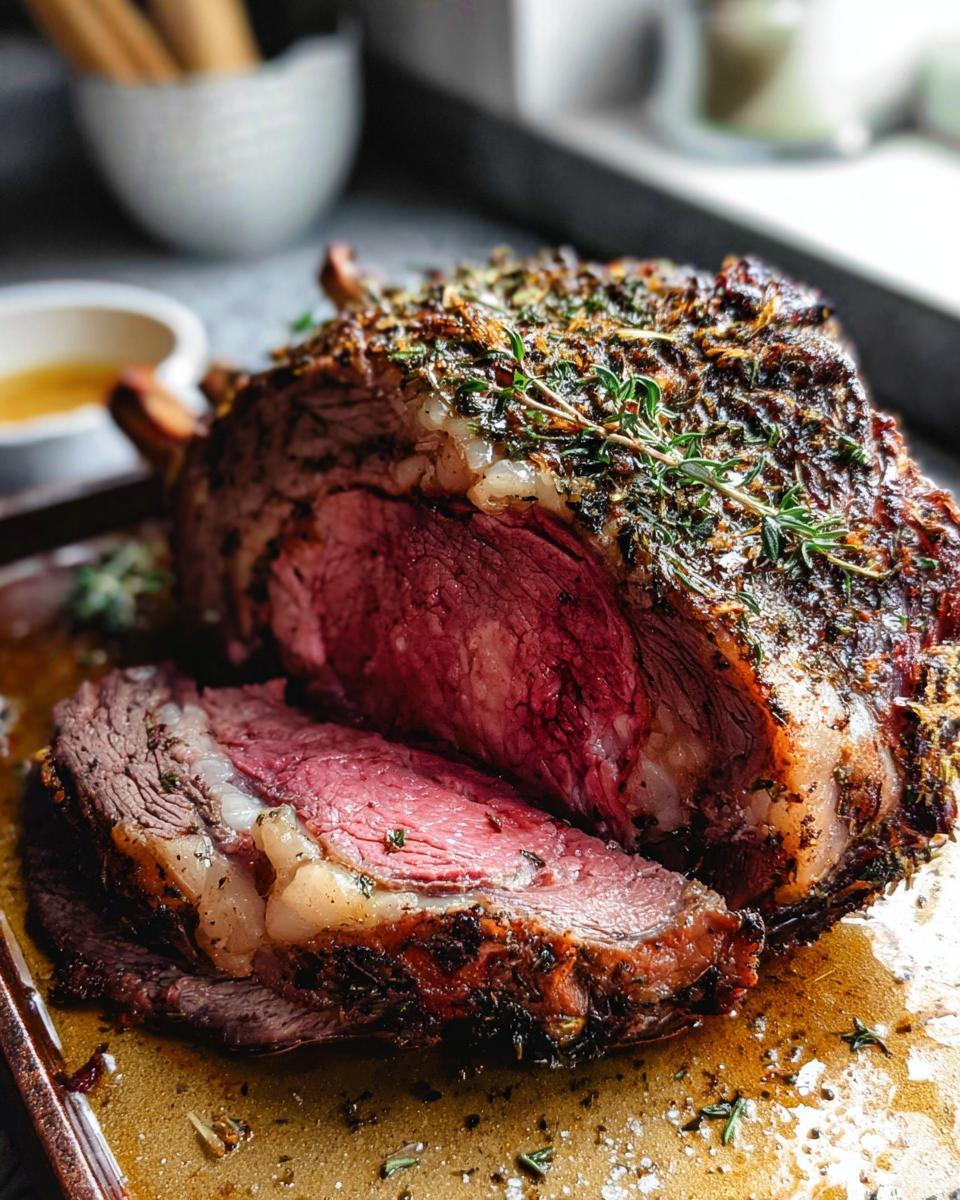 A juicy, medium-rare prime rib roast, sliced to show the pink center, topped with an herb crust.