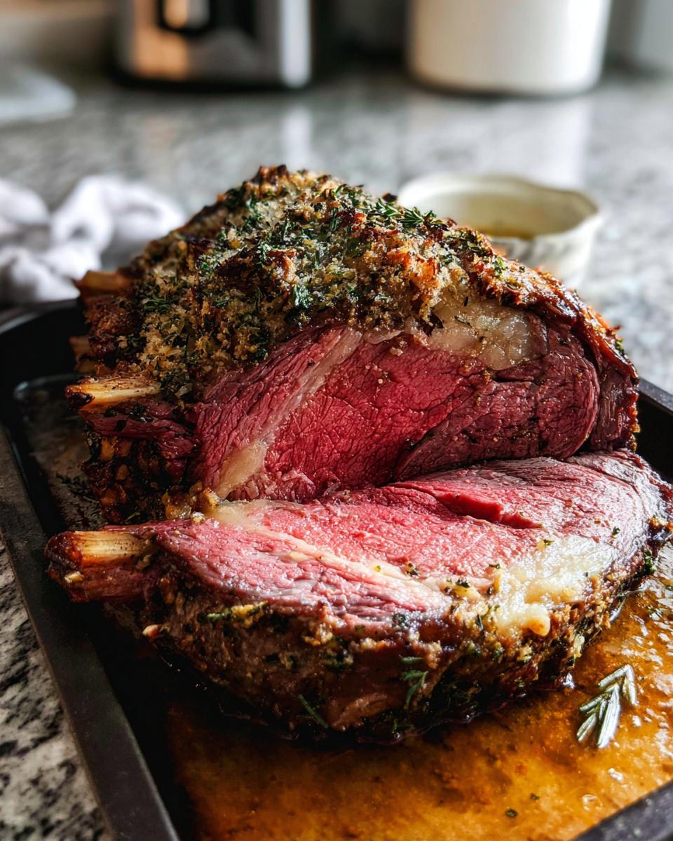 A thick slice cut from a perfectly cooked prime rib roast showing a medium-rare center, topped with an herb crust.