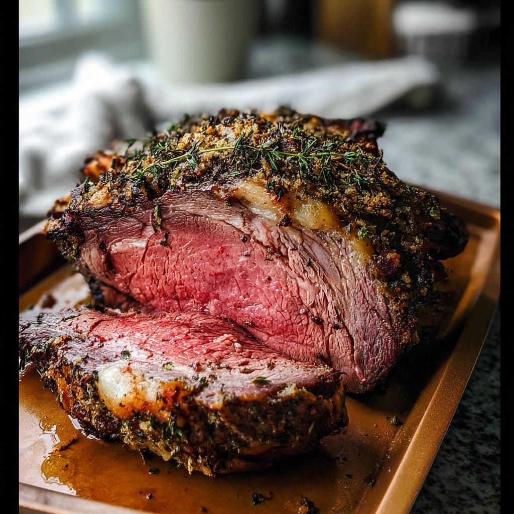 A beautifully cooked prime rib roast, sliced to show medium-rare interior, resting on a tray.