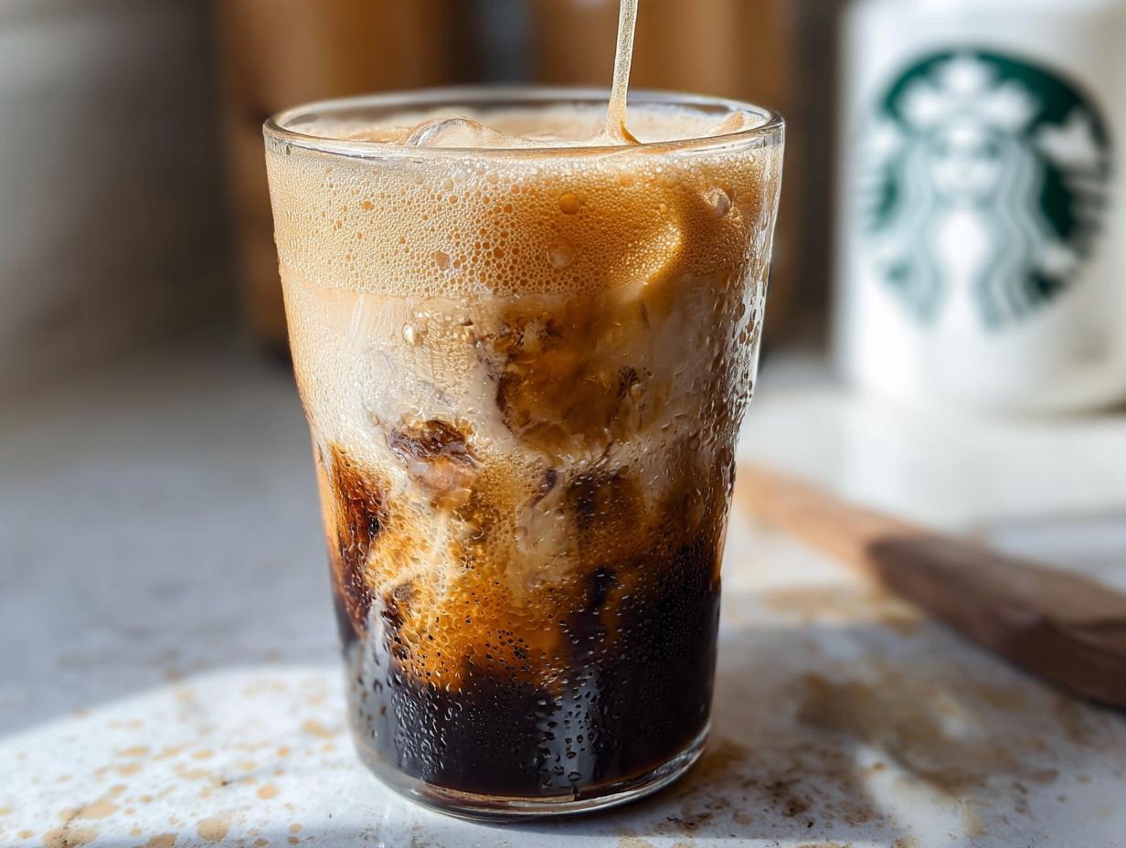 Close-up of Iced Brown Sugar Oatmilk Shaken Espresso being poured into a condensation-covered glass with ice.