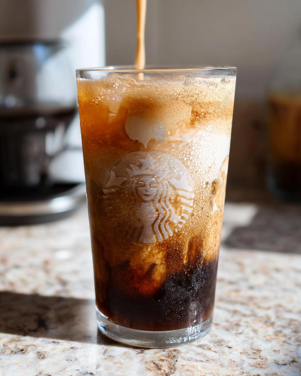 Espresso being poured into a glass containing ice and oatmilk for an Iced Brown Sugar Oatmilk Shaken Espresso.