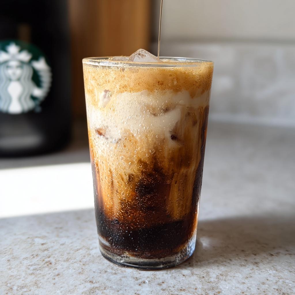 Close-up of Iced Brown Sugar Oatmilk Shaken Espresso being poured into a glass with ice and foam.