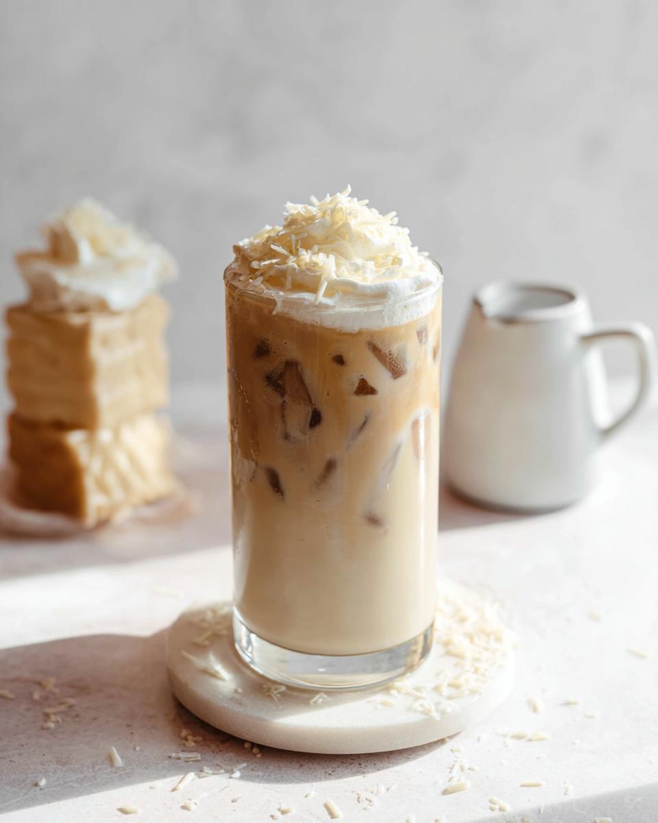Tall glass of Iced White Chocolate Mocha topped with whipped cream and white chocolate shavings.