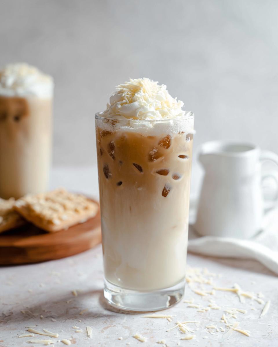 Close-up of a tall glass filled with an Iced White Chocolate Mocha, layered with milk and coffee, topped with whipped cream and white chocolate shavings.