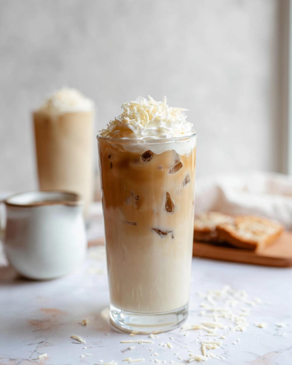 Tall glass of Iced White Chocolate Mocha layered with milk, coffee, and topped with whipped cream and white chocolate shavings.