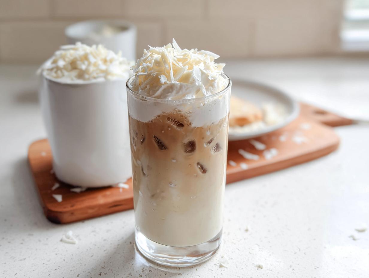 A tall glass of Iced White Chocolate Mocha topped with whipped cream and white chocolate shavings.