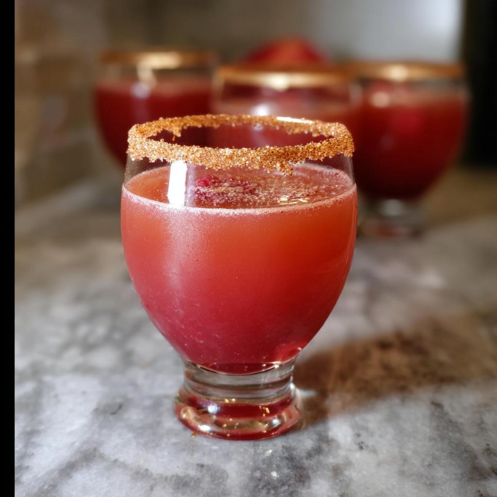 A close-up of a juicy Thanksgiving drink with a sugared rim, with other drinks blurred in the background.