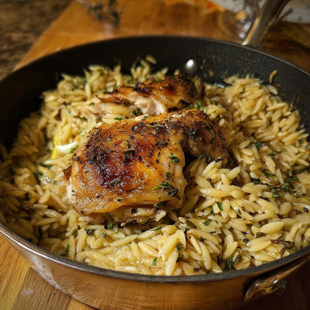Two pieces of browned chicken served over creamy Lemon Herb Chicken Orzo Skillet in a metal pan.