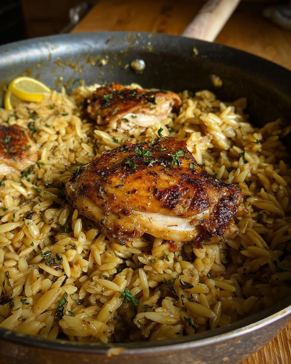 Close-up of seared chicken thighs resting on seasoned orzo pasta in a skillet, part of the Lemon Herb Chicken Orzo Skillet.