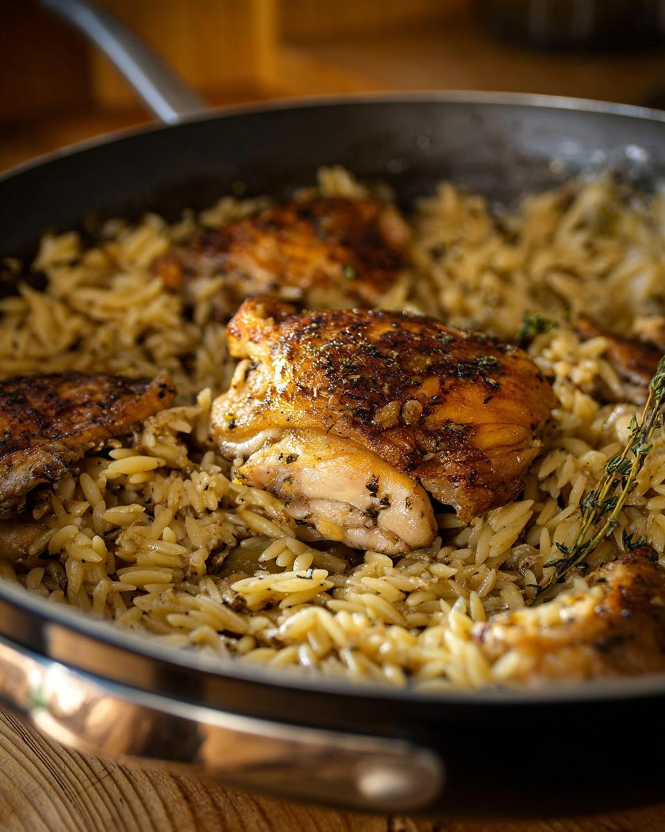 Close-up of seared chicken thighs nestled in a skillet filled with Lemon Herb Chicken Orzo Skillet.