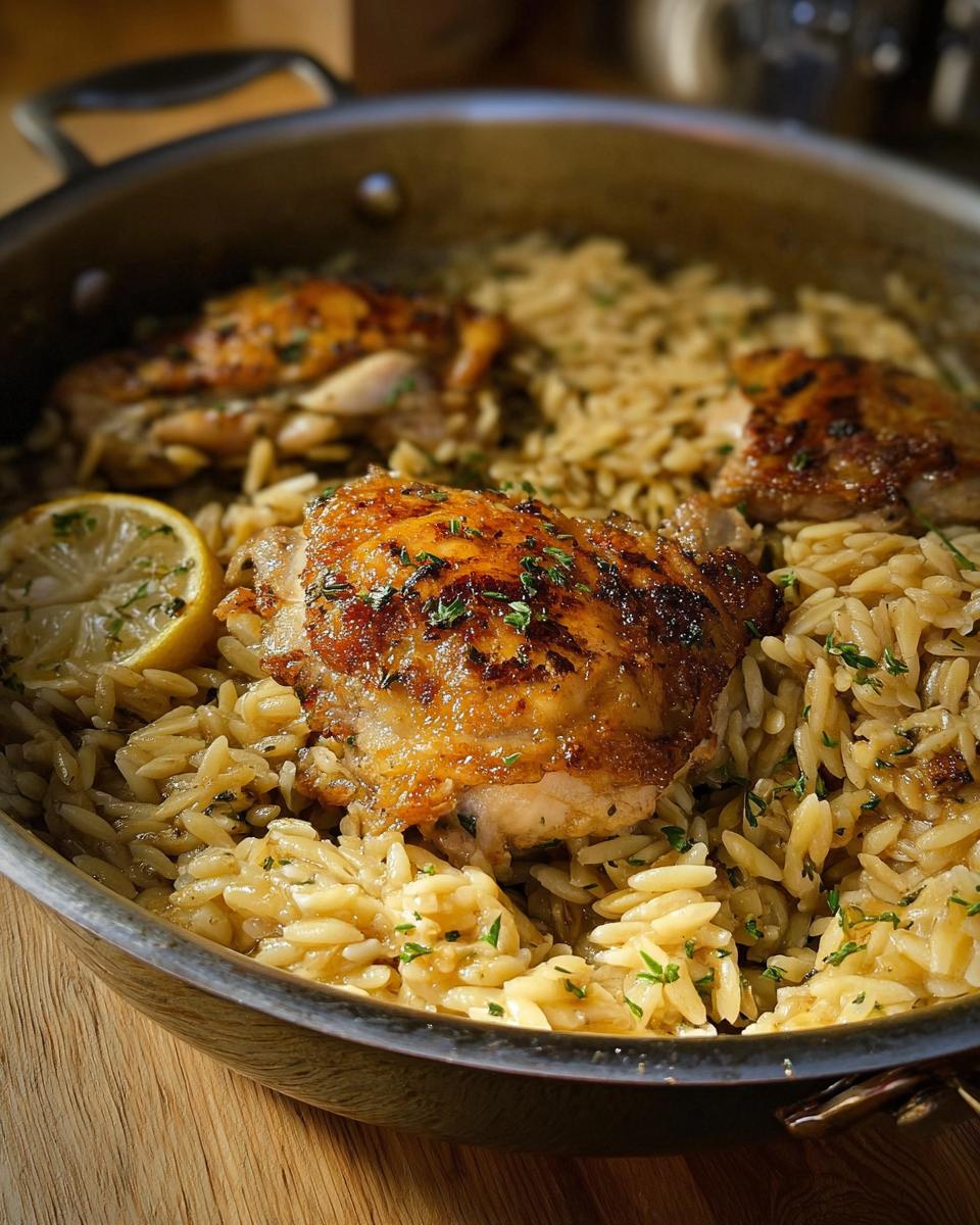 Close-up of Lemon Herb Chicken Orzo Skillet with crispy chicken thighs nestled in creamy orzo pasta.