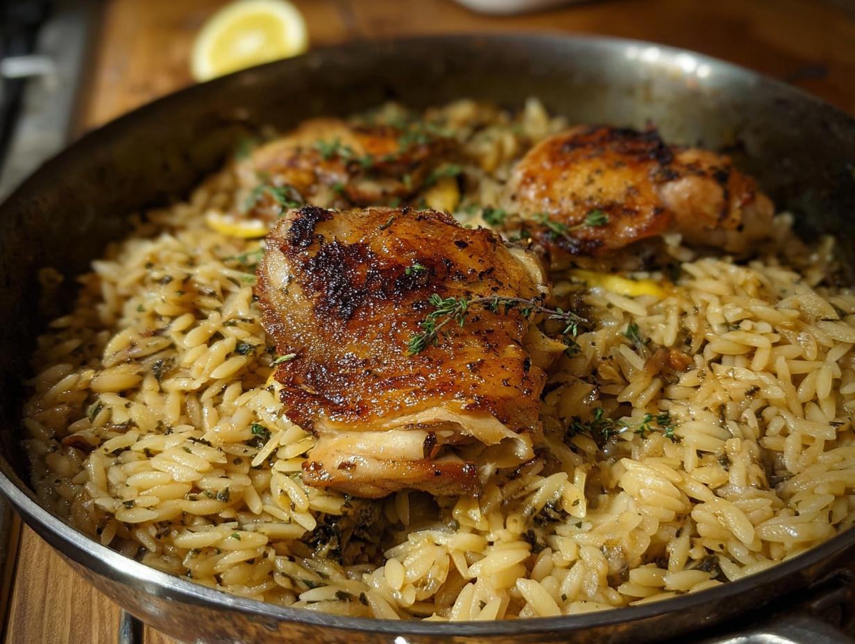 Close-up of Lemon Herb Chicken Orzo Skillet featuring crispy chicken thighs nestled in seasoned orzo pasta.