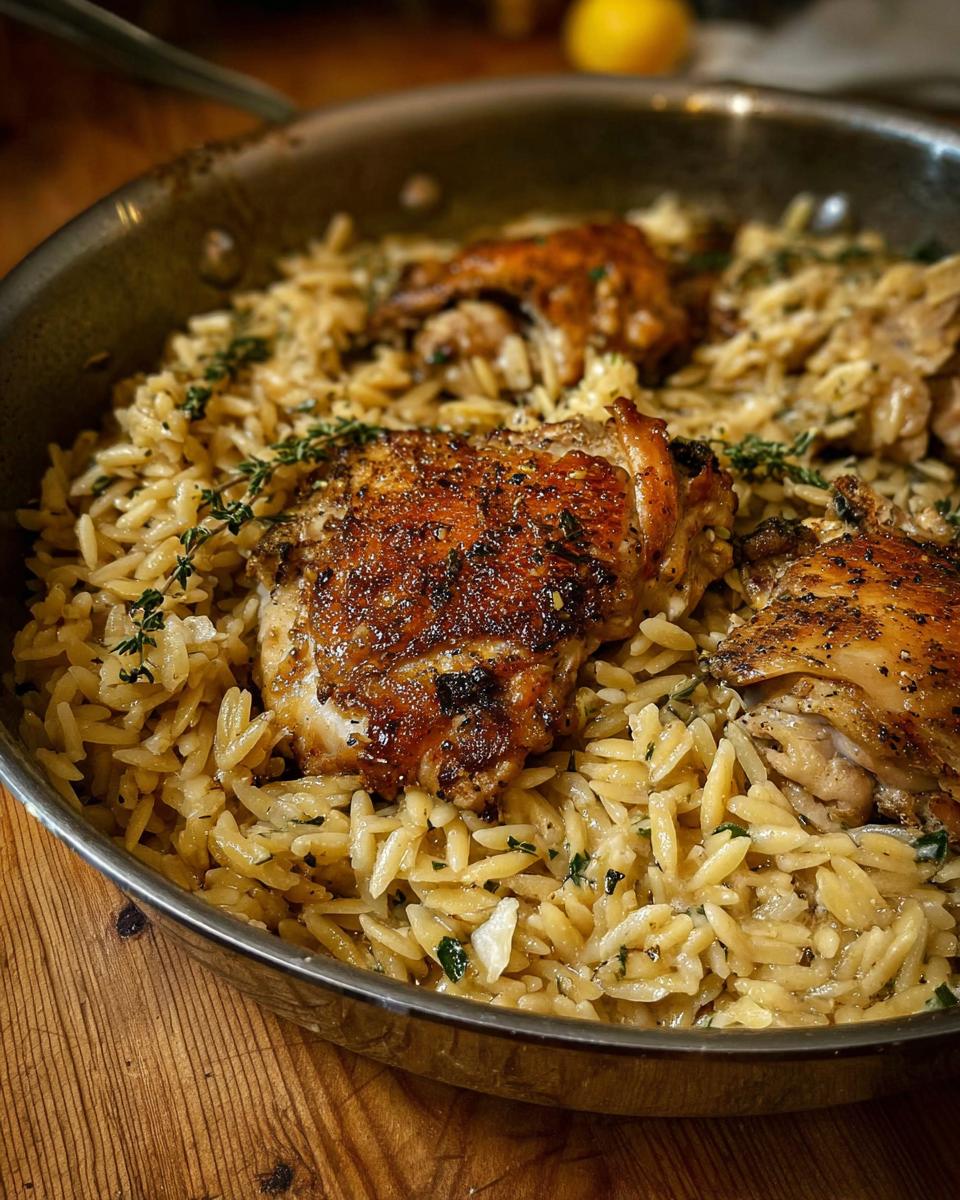 Close-up of crispy-skinned chicken thighs nestled in a skillet of Lemon Herb Chicken Orzo Skillet.
