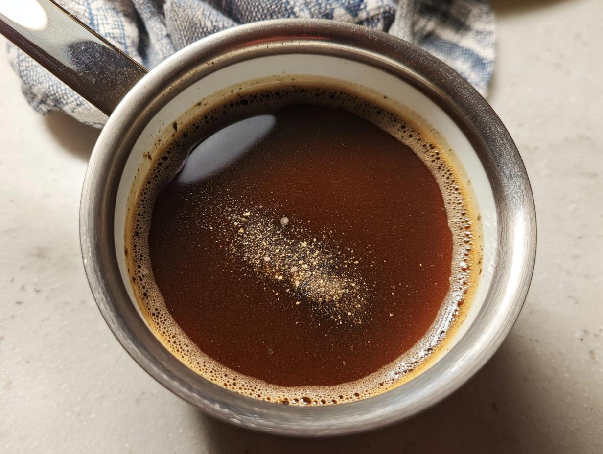 Close-up overhead shot of dark brown liquid au jus in a small saucepan with seasoning sprinkled on the surface.