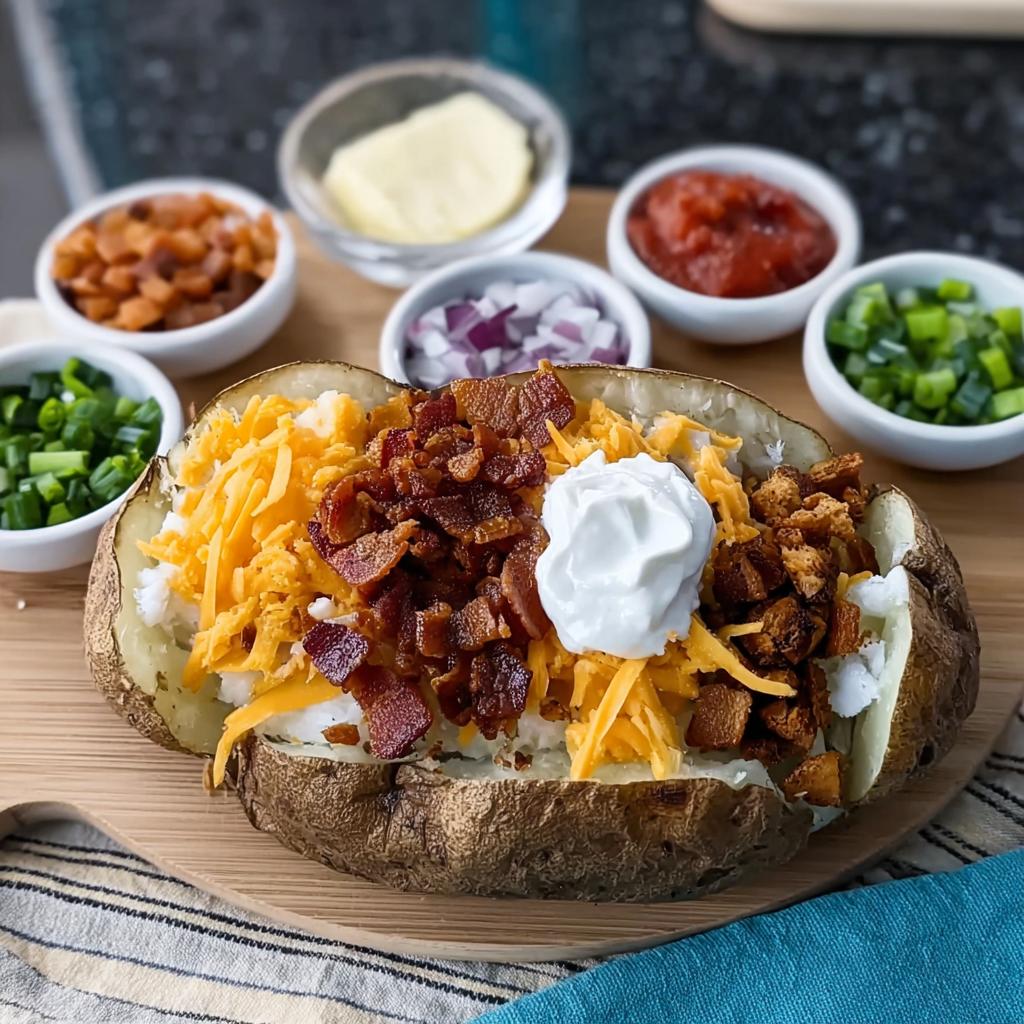 A fully loaded baked potato topped with shredded cheese, bacon bits, and sour cream, ready for bar night.