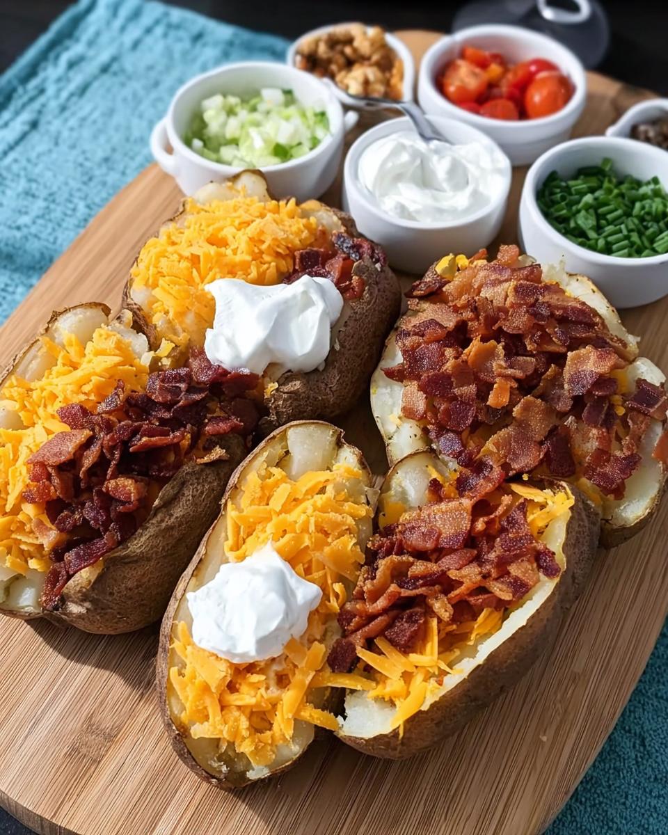 Four baked potatoes split open and loaded with shredded cheese, bacon bits, and sour cream, ready for serving.