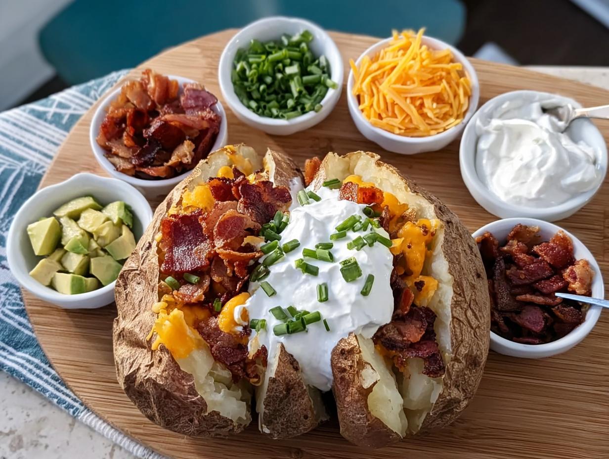 A fully loaded baked potato topped with cheese, bacon, sour cream, and chives, surrounded by bowls of toppings for Loaded Baked Potatoes.
