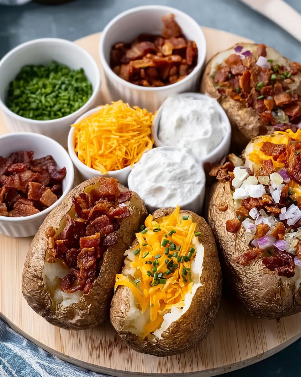 Three fully prepared Loaded Baked Potatoes surrounded by bowls of toppings like bacon, cheese, sour cream, and chives.